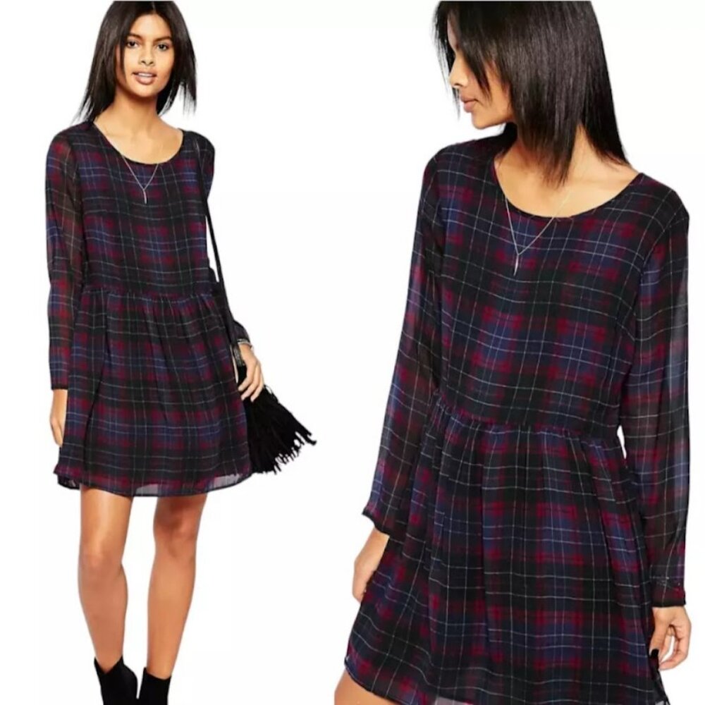 H&M Dress, Red Blue Checker Plaid Pleated Skirt Sheer Long Sleeves Casual, 4